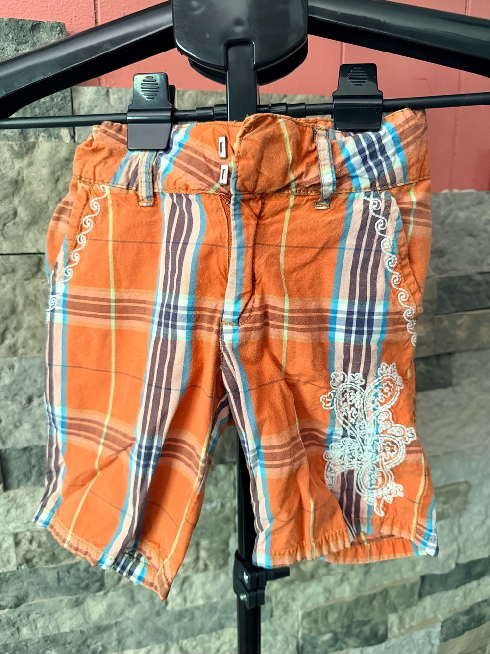 Old Navy boys Plaid Shorts Orange Blue Paisley Embroidered Bermuda Size 6